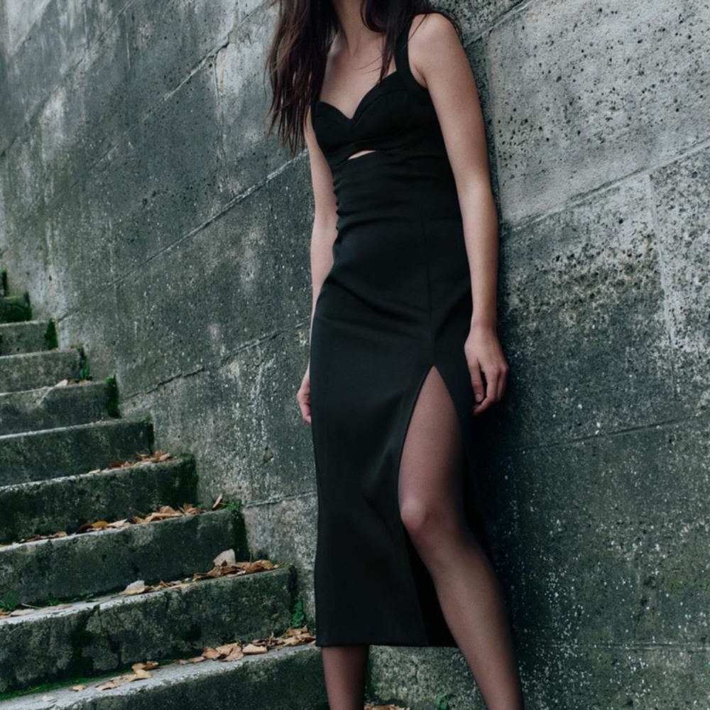 Zara Satin Effect Cut Out Midi Dress in Black